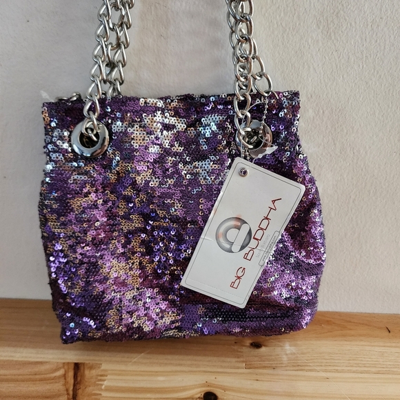 BIG BUDDHA Metallic Purple Silver Sequin Silver Chain Straps Slouchy Hobo Bag - Picture 4 of 13